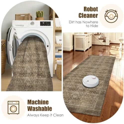Washable Area Rug 2'6'' x 8' Vintage Traditional Persian Mat - Foldable Distressed Non-Slip Machine Washable Carpet for