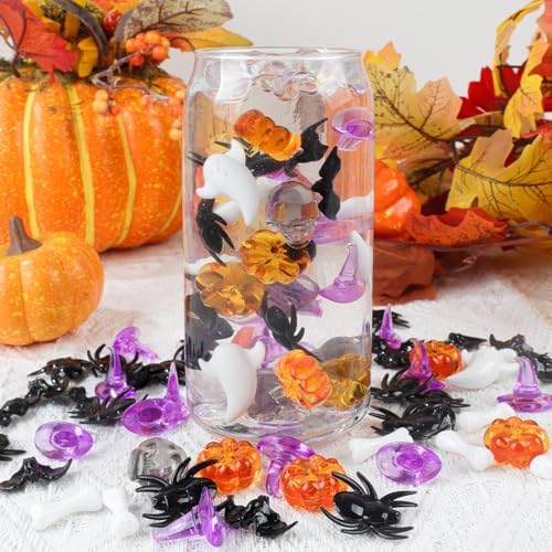 10160 pcs Halloween Acrylic Spider Mini Pumpkins Bat Ghost Skull Hat Acrylic Sensory, Halloween Vase Filler Gems for DIY Crafts, Home, Halloween Table Decoration