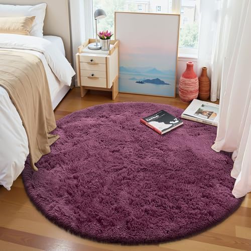 OLANLY Burgundy Round Rugs for Bedroom - Machine Washable, 8 ft Circle Area Rugs for Living Room, Soft and Fluffy