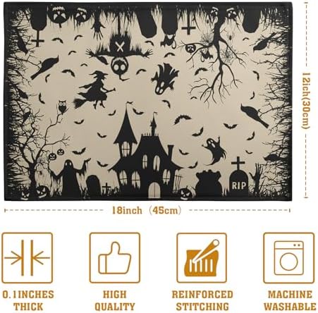 Halloween Placemats 12x18 Inch Set of 4 Black White Witch Castle Ghost Place Mats Spooky Haunted House Bats Tree Crow Table Mat for Party Kitchen Dining Outdoor Indoor Decor