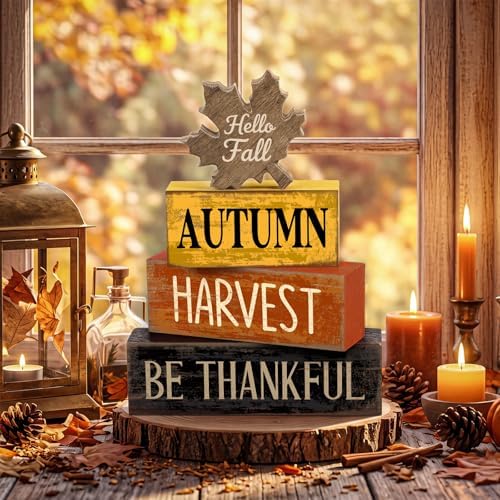Moucuny 4 Pcs Fall Decor Wooden Maple Leaf Thanksgiving Tiered Tray Decor