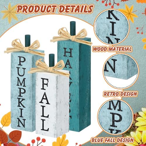 Redbaker 3 Pcs Blue Fall Pumpkin Decor, Wood Fall Decorations for Home