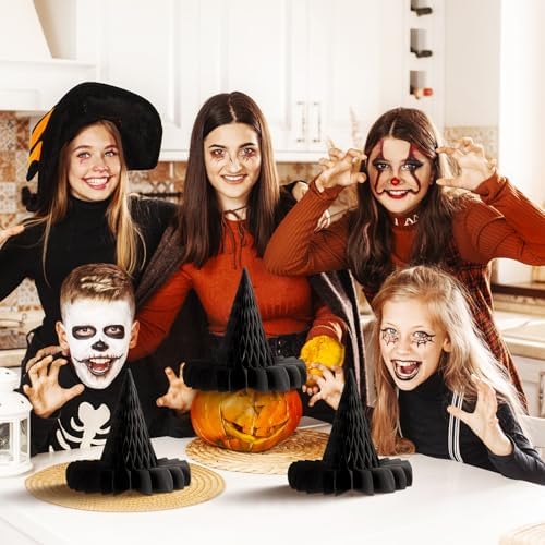 Fourluoo 12 Pack Halloween Honeycomb Decorations Bats Ghosts Set,Witch Hat
