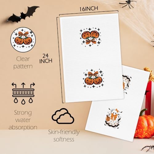 Halloween Pumpkin Fall Kitchen Towels, Coquette Orange Bow Ghost Pumpkin Fall Hand Towels for Bathroom Decor, Preppy Halloween Autumn Dishcloths Dish Towel for Kitchen 16x24 Inches Set of 2