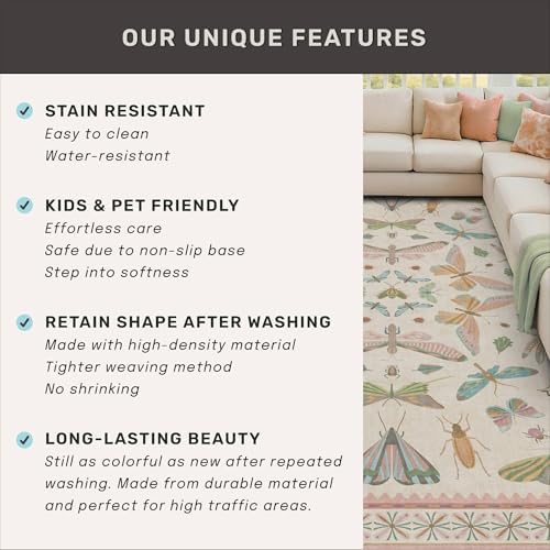 Insect Pink and Blue 5ft Round Area Rug for Living Room - Washable Floral Fun Boho Rugs for Playroom, Girls Bedroom