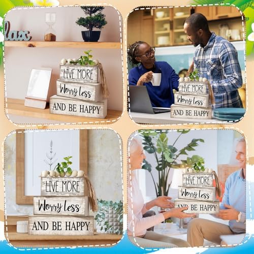 Moucuny 4 Pcs Inspirational Farmhouse Table Decor Rustic Stacked Wooden Block Sign - Live More Worry Less Be Happy