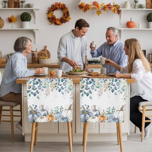 Fall Chair Covers Set of 6 Blue Eucalyptus Leaves Pumpkin Chair Slipcover Protector Removable Stretch Chair Covers Autumn Watercolor Leaf Thanksgiving Chair Back Covers for Dining Chairs Kitchen Party