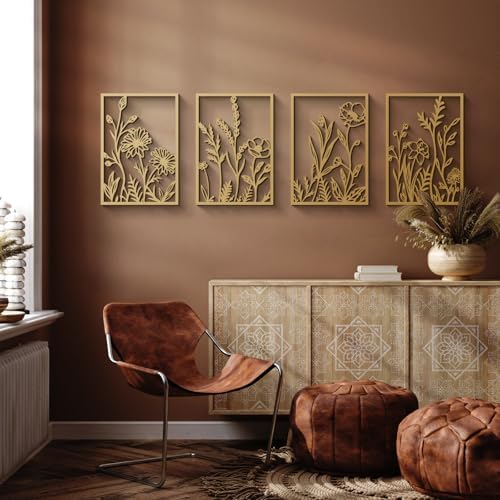 Glamativity Large 4 Pcs Colorful And Black Double-Sided Gold Leaf Metal Wall Art, 22.5 x 15.7'' Botanical Abstract Wall
