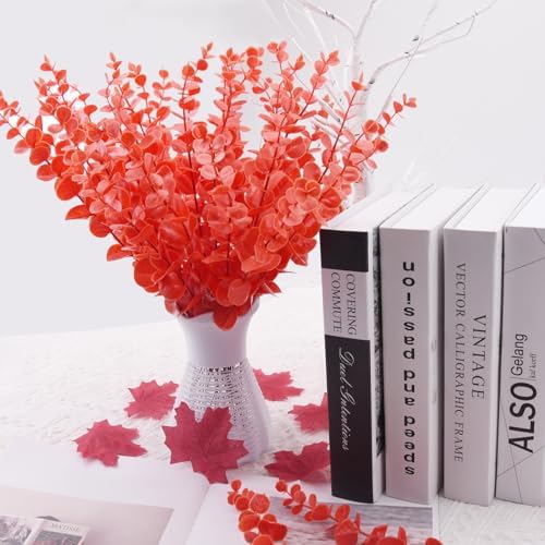 FEQO 36 Pcs Orange Artificial Eucalyptus Stems 15" Faux Eucalyptus Branches