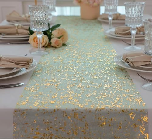 Snowkingdom Sage Green Gold Table Runner 2Pcs 108" Metallic Foil Sequin Glitter Thin Sheer Mesh Fabric Decorations for Wedding Birthday Christmas Party Centerpieces Reception Dining Home Holiday