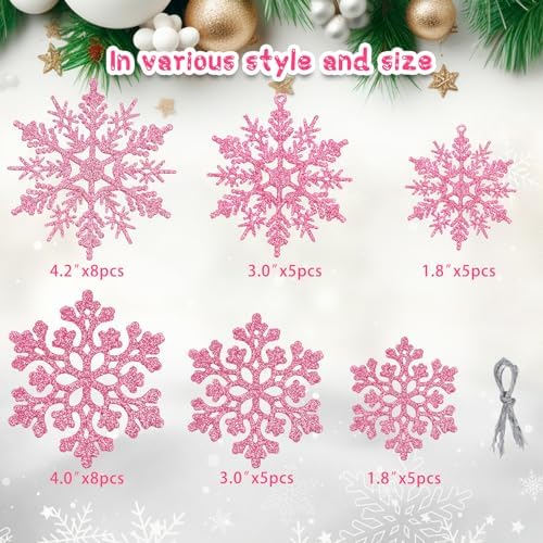 36pcs Christmas Light Pink Snowflake Ornaments Plastic Glitter Snow Flakes Ornaments for Winter Christmas Tree Decorations Size Varies Craft Snowflakes