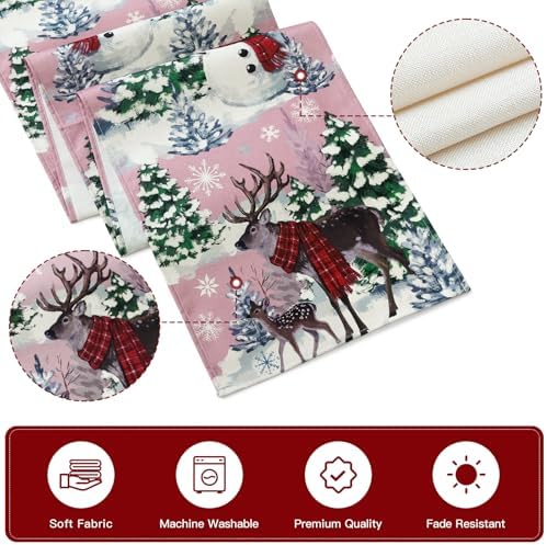 Artscope Reindeer Snowman Christmas Tree Table Runner, Xmas Winter Snowflakes Holiday Kitchen Dining Table Decoration for Christmas Home Party Decor 13x72 Inch-Pink
