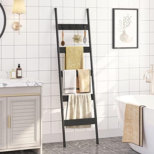 HOOBRO Blanket Ladder, 5-Tier Towel Rack with Hooks, Wall-Leaning Blanket Rack, Decorative Display Ladder Shelf