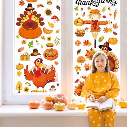 Fall Thanksgiving Window Clings 6 Sheets, Large Turkey Fall Leaves Reusable Window Decals Stickers for Home Autumn Thanksgiving Party Decorations Supplies (Turkey)