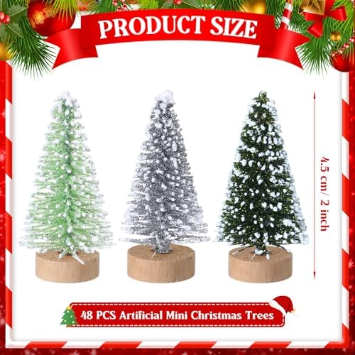 Sumind 48 Pcs 1.78 Inch Mini Bottle Brush Christmas Trees Green Silver