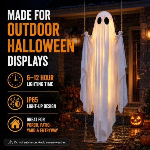 Halloween Hanging Swinging Ghost, Light Up Ghost Porch Decor with IP65 Remote String Lights, Halloween Outdoor Spooky Ghosts Decoration for Front Porch Tree Yard Entryway