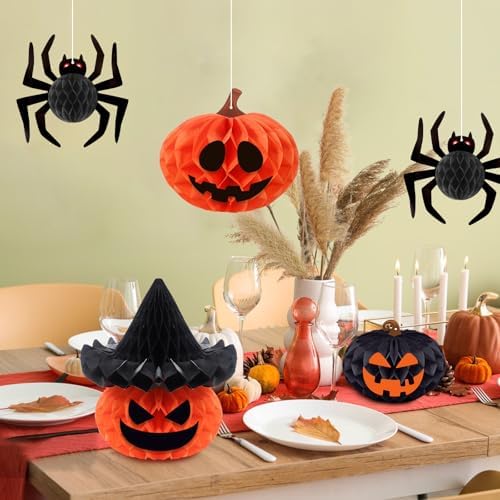 Konsait Halloween Hanging Decorations - 5 Pack Paper 3D Spider Pumpkin Decor with Facial Expressions Stickers for Indoor Outdoor Halloween Decorations