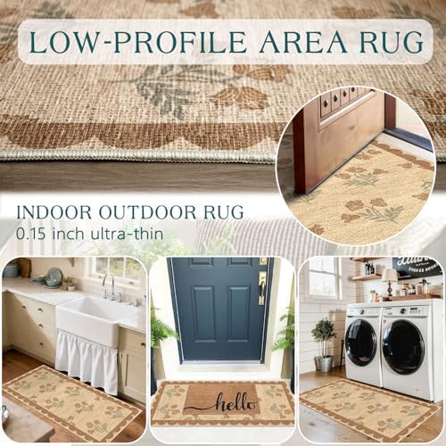 Front Door Mat Indoor Entrance - 2x4.3 Ft Tan Floral Washable Layered Doormat Outdoor Entrance Porch Rug Non-Slip