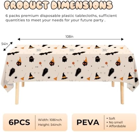 6 Pack Halloween Tablecloth, 54" x 108"Disposable Plastic Table Cloths Cute Ghost Halloween Table Covers for Home Decor Halloween Party Decorations