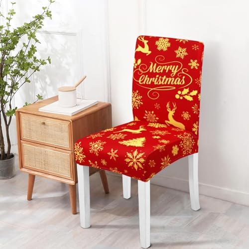 Merry Christmas Chair Covers Set of 6,Xmas Snowflake Elk Dining Chair Slipcovers,Elastic Removable Washable Dining Parsons Chair Protectors,Christmas Decor for Home Red