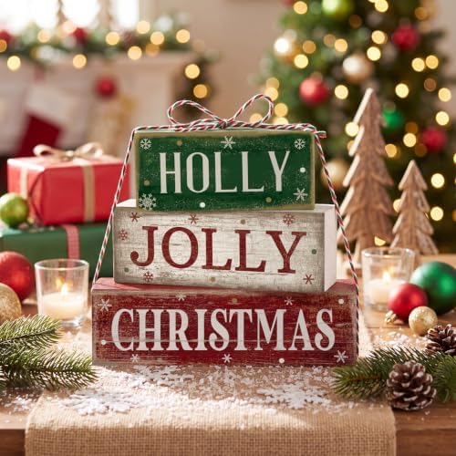 Moucuny 4 Pcs Christmas Table Decoration for Home Rustic Jolly Stacked Sign