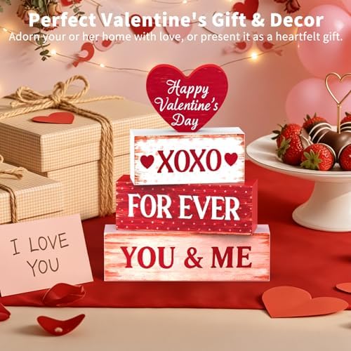 OLANRUN Valentines Day Decorations - 4 Pack Wooden Block Heart Set Signs Valentines Day Table Decor - 7.8 Inch Valentine's Decorations for Home Office Bedroom Tiered Tray Fireplace Mantel