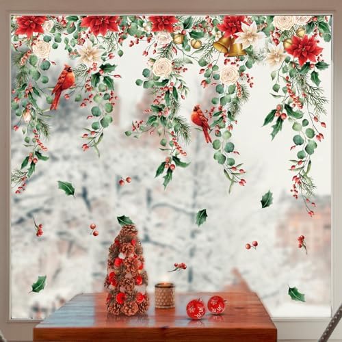 Whaline 9 Sheets Christmas Floral Window Cling Stickers Hanging Poinsettia Flowers Eucalyptus Leaves Reusable Window Decals for Xmas Winter Party Home Office Classroom Decoration