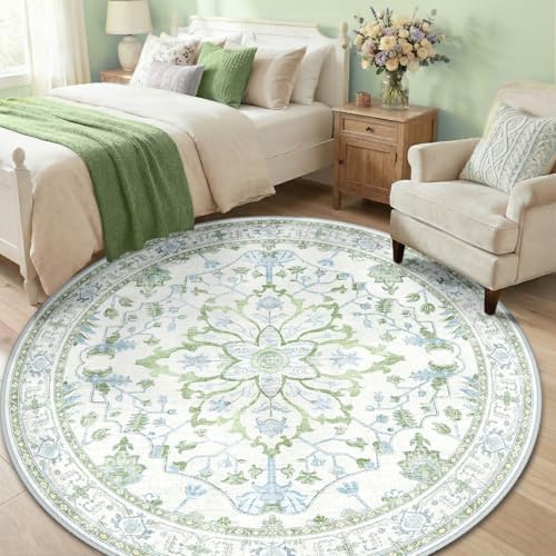 RELEANY Washable Area Rug, Round 6ft, Green/White/Blue