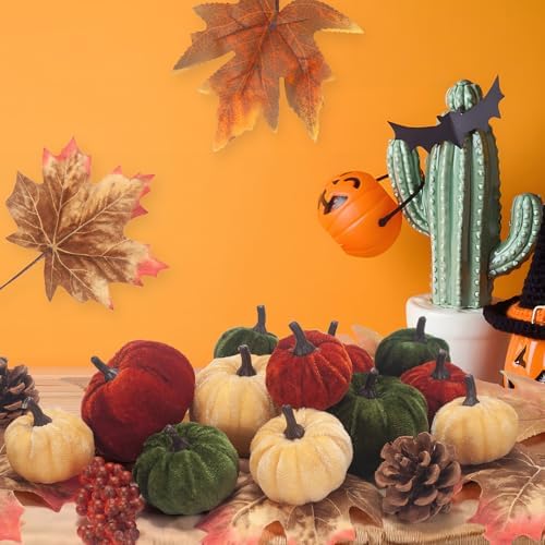 21 PCS Pumpkins Decor Set, 3 Sizes Fake Velvet Pumpkin, Dark Green Brown Gold Small Foam Pumpkins for Fall Harvest Thanksgiving Tiered Tray Centerpiece Bowl Filler Farmhouse Halloween