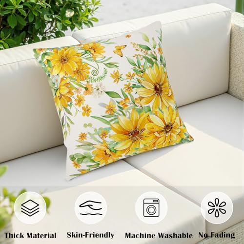 Summer Daisy Pillow Covers 18x18 Set of 2 Yellow Flowers Sunflower Decorative Throw Pillows Seasonal Spring Floral Green Leaf Outdoor Cushion Case for Home Couch Sofa Decor
