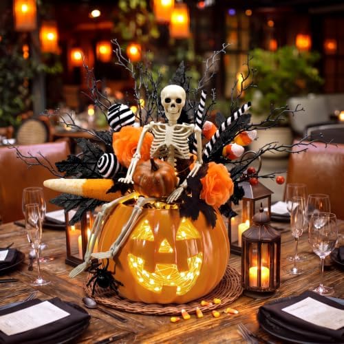 Wiwiqing Halloween Decorations Pumpkin Vase Ornaments with Black and Orange Branch Bow Flower Soil, DIY Spooky Halloween Ghosts Skull Face Pumpkin Vase Crafts, Retro Table Centerpiece Decor