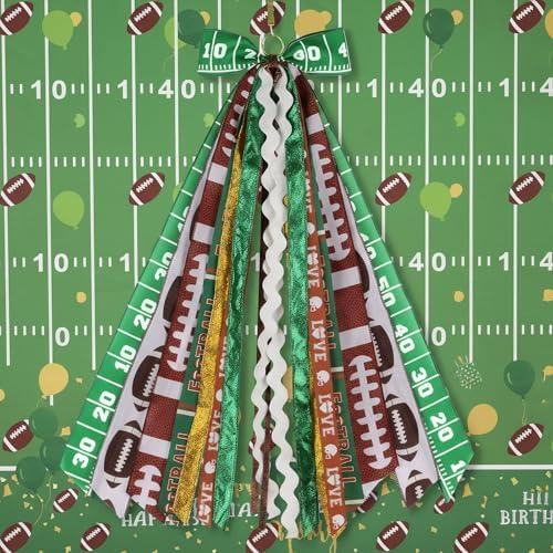 Football Wreath Sash with 9 Ribbon Streamers, Winter Bow for Front Door, Game Day Burlap Decor, Sparkle Decorations 27.5 Inch