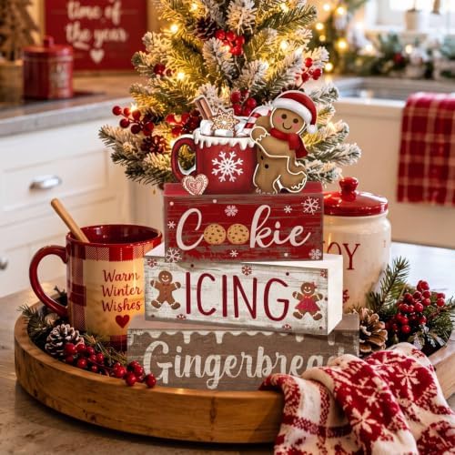 Moucuny 4 Pcs Christmas Table Decor Wooden Gingerbread Cocoa Block Signs