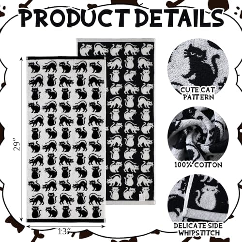 Breling 2 Pcs Halloween Cat Hand Towels Black White Bathroom Towels