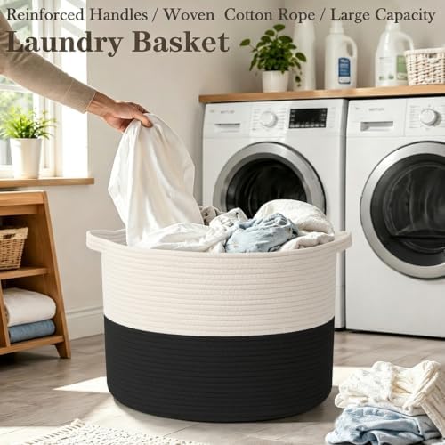 65L Large Blanket Basket,Woven Rope Laundry Basket-White&Black