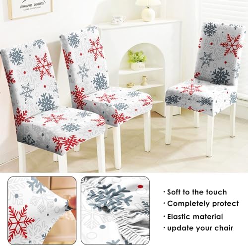 Christmas Chair Covers Set of 6,Xmas Snowflake Dining Chair Slipcovers,Elastic Removable Washable Dining Parsons Chair Protectors,Christmas Decor for Dining Room White