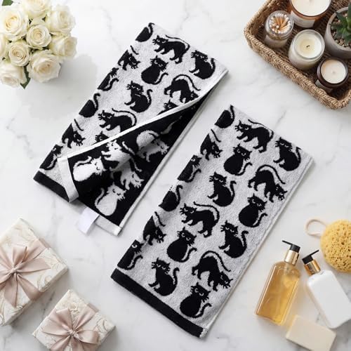 Breling 2 Pcs Halloween Cat Hand Towels Black White Bathroom Towels