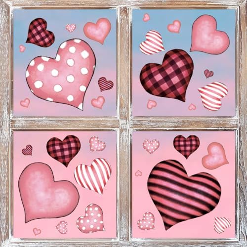 Horaldaily 120 PCS Valentine Window Cling Sticker, Pink Buffalo Plaid Stripe Dots Love Hearts Home Party Supplies Shop Window Glass Display Decoration