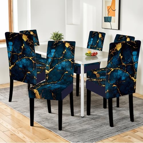 Luxury Marble Chair Covers for Dining Room – Stretch Blue and Gold Abstract Pattern Slipcovers – Modern Washable Seat Protector for Kitchen, Banquet, Office Decor, Set of 6