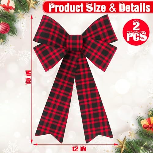 2 PCS Xmas Decorations, Red Black Buffalo Plaid Large Christmas Bows, 12 × 18 IN Christmas Tree Bow PVC Large Red Christmas Bows Indoor Outdoor Xmas Hanging Christmas Wreath Bows for Fence Fireplace