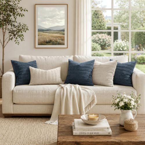 MIULEE Corduroy Decorative Throw Pillow Covers 16x16 Blue Pack of 2