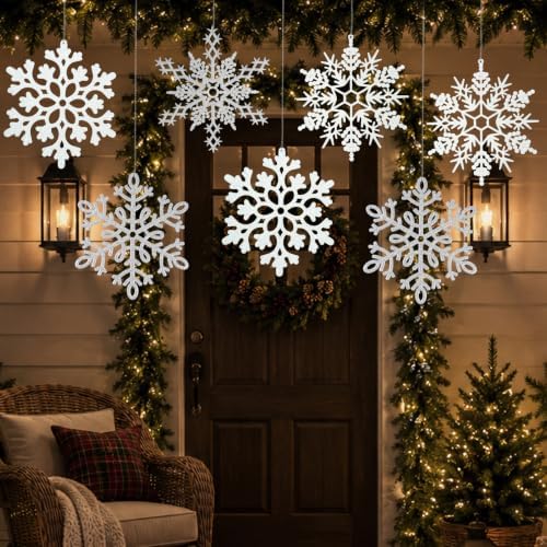 12pcs Large Christmas Snowflakes Decorations, 12" Big Plastic Glitter White Sliver Snowflake Ornaments for Winter Indoor Outdoor Christmas Tree Holiday Window Room Decor Craft Snowflakes