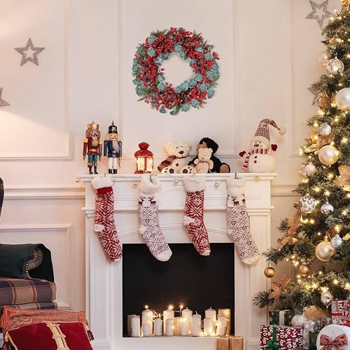 Artificial Christmas Wreath 22inch Christmas Wreaths for Front Door Xmas Red Berry Wreath with Eucalyptus Leaves Pine Needles Red Berries for Wall Farmhouse Window Winter Holidays