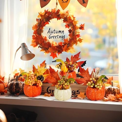 Artmag Set of 6 Artificial Pumpkins Decorations, Decorative Orange Pumpkin with Maple Berry Acorn Pine Cone Vegetables for Fall Thanksgiving Harvest Party Decoration
