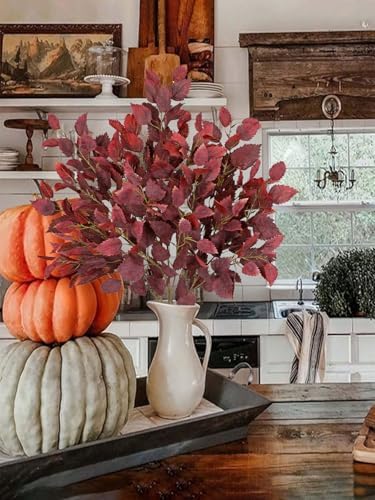Artificial Fall Birch Leaves Stem - 6 Pcs Faux Autumn Greenery Long Stems 33.4" Tall Fake Plants with Branches Decorations for Thanksgiving Wedding Centerpieces Home Table Decor Floral Arrangements