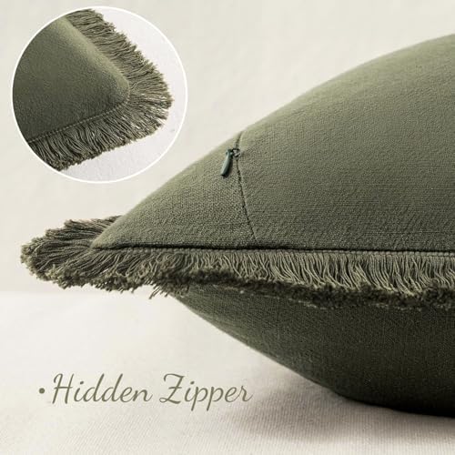 MIULEE Linen Fringe Decorative Euro Throw Pillow Covers Olive Green 22x22
