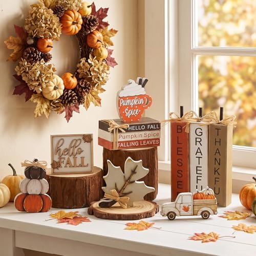 11 Pcs Fall Table Decorations Autumn Pumpkin Wooden Decorative Set Featuring Blessings Gratitude and Appreciation Sign for Thanksgiving Various Occasions Family Dining Kitchens Offices