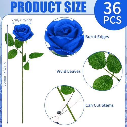 36 Pcs Royal Blue Artificial Roses with Long Stems
