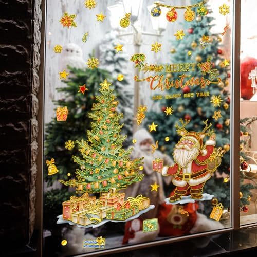 Christmas Tree Window Clings Santa Claus Ball Snowflake Window Stickers for Glass Window Christmas Decoration Reusable Double Sided Glass Decals for Home Xmas Party Supplies (Gold Xmax Tree)