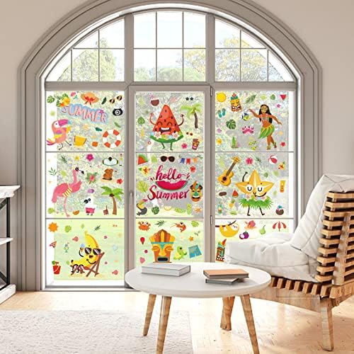88Pcs Summer Window Clings, Summer Hawaii Gnomes Sun Beach Ice Cream Drinks Sunglasses Window Stickers Decals, Window Decals for Summer Party Decor Tropical Themed Party Beach Party Decor